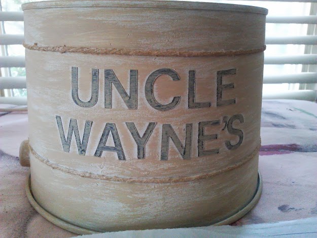 tin bucket with base coat and lettering