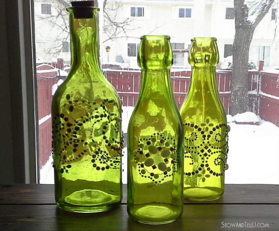 Copper and green beaded bottles made with Michaels supplies